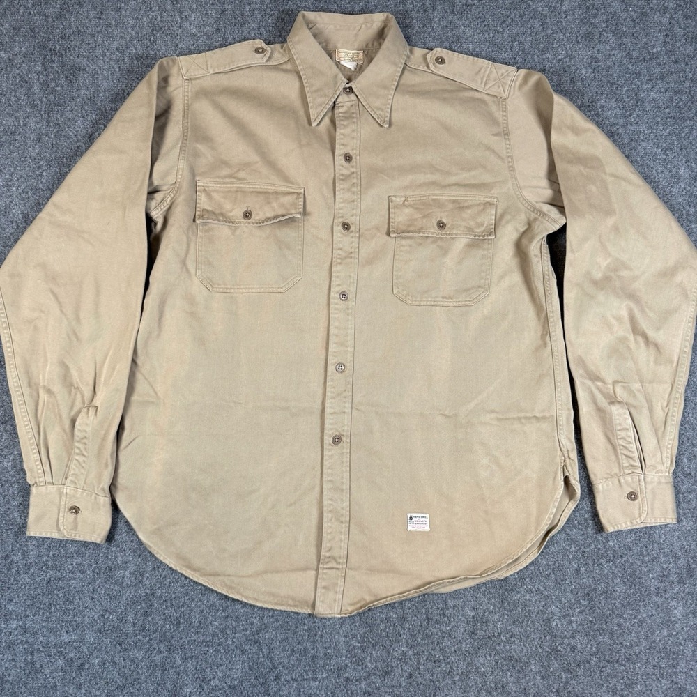 Vintage 50s Army Twill by Reeves Shirt Mens L D-J Khaki Military Workwear Twill